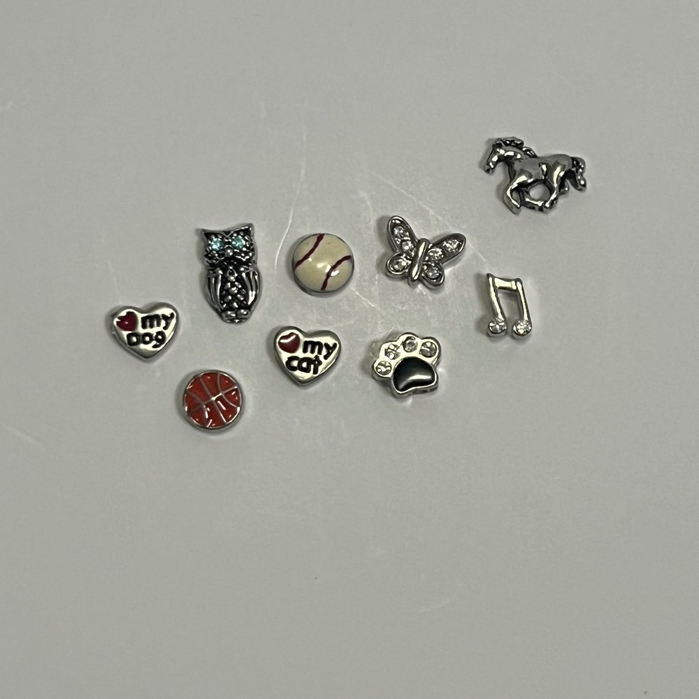 Origami Owl Floating Locket Charms Set of 9 Animals Sports Music Hearts Silver